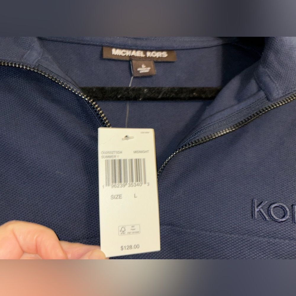 NWT Michael Kors long sleeve kangaroo pocket Navy Blue Woman’s LARGE Polo Shirt - Picture 3 of 8